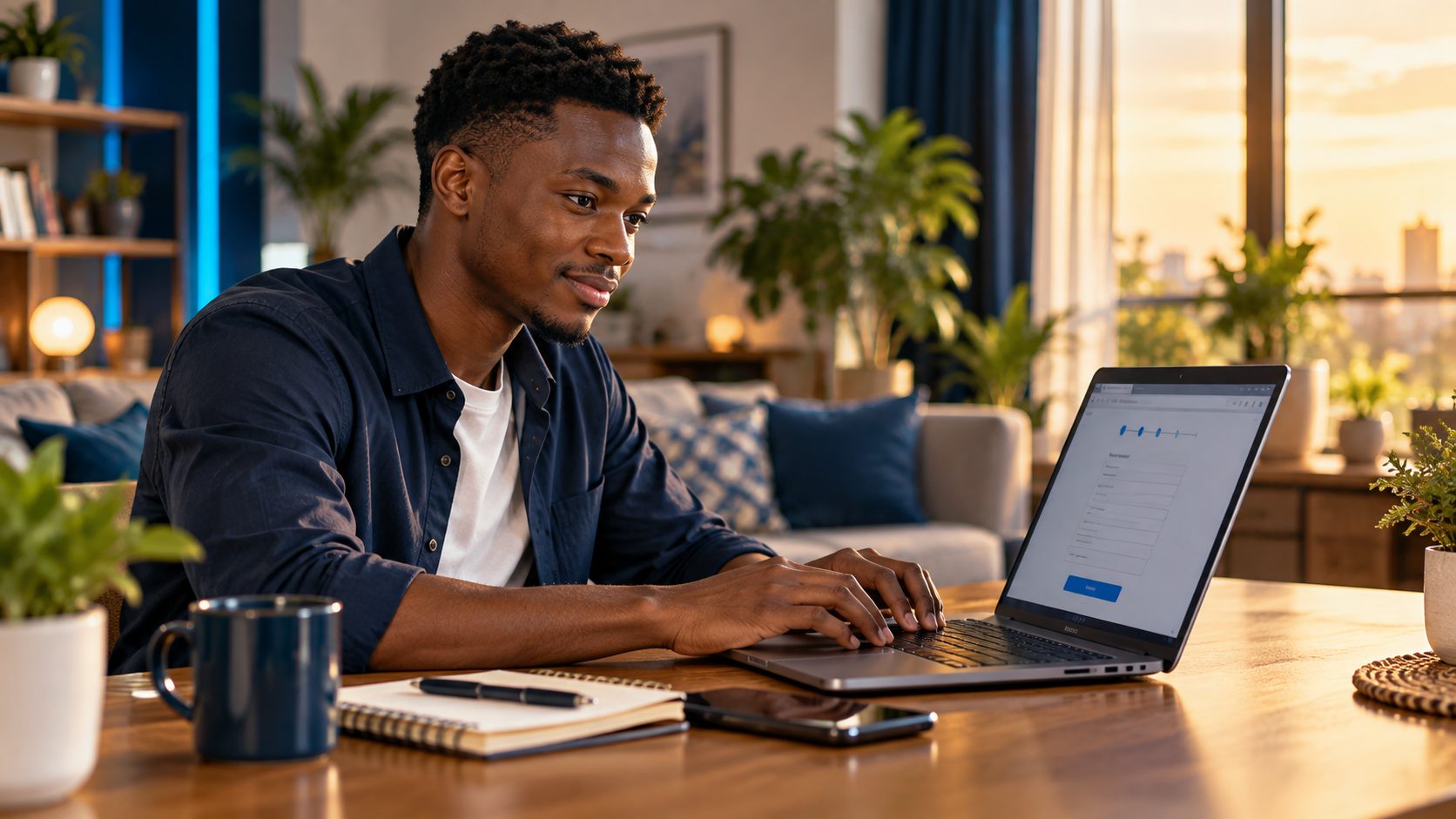 Jeune homme remplissant sa candidature en ligne depuis son domicile